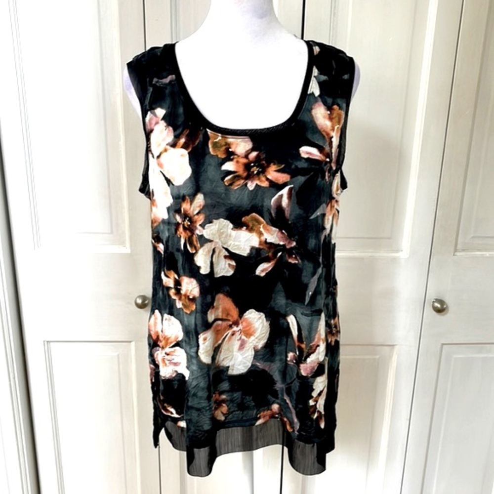Simply Vera Vera Wang Black, Teal & Coral Floral Crepe Top with Chiffon Net Trim